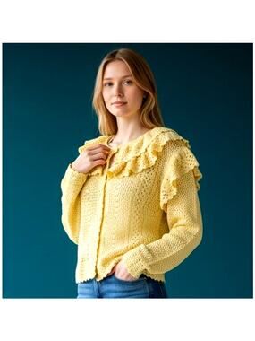 LoveShackFancy Crochet Cardigan Sweater Yellow Ruffle Cotton Button Front Size S